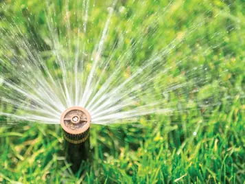 Close-up of a pop-up sprinkler head spraying water across grass